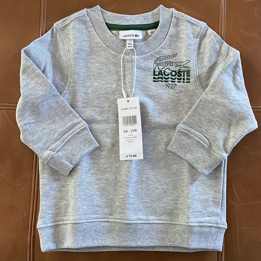 Lacoste NWT toddler boy size 2T gray sweatshirt with green logo.